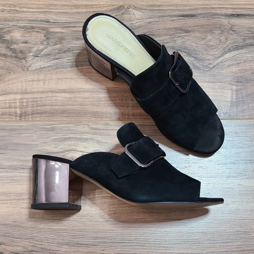 Marc Fisher black leather mirror mules